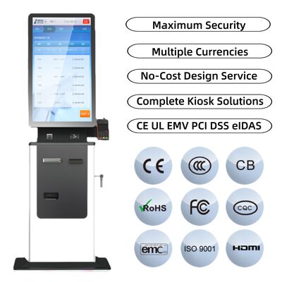 kopen 27 32 inch zelfbediening Touch Screen Hotel Check in Kiosk Paspoort Scanner Kaartverdeler A4 Ticket Printing Cash Payment Kiosk online manufacture