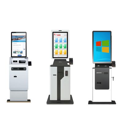Achtergrondstand touchscreen hotel automatische betalingskiosk contant geld cheque in selfservice kiosk