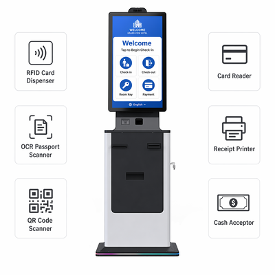 Hotel Ziekenhuis Check in Kiosk Zelfservice Touch Screen Card Dispenser Paspoort Scanner Ticket Printer Cash Acceptor Betalingskiosk